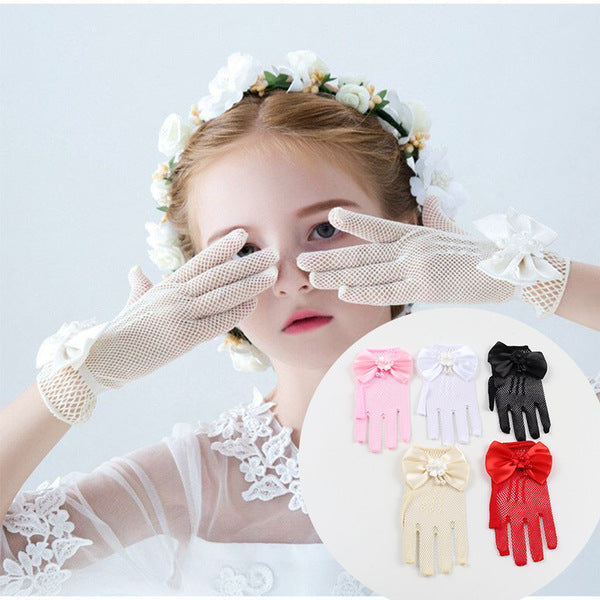 Hand Gloves Thin Girl's Stretch Mesh Bow Princess Performance Flower Girl Bride Wedding Finger