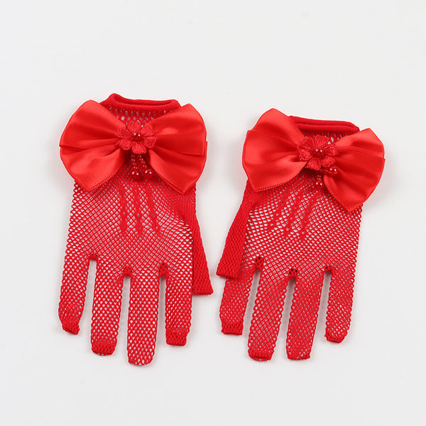 Hand Gloves Thin Girl's Stretch Mesh Bow Princess Performance Flower Girl Bride Wedding Finger